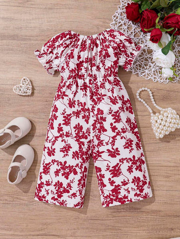 Baby Girl Floral Print Puff Sleeve Bow Front Jumpsuit
