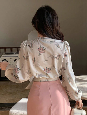 DAZY Floral Print V-Neck Wrap Tie Front Cropped Long Sleeve Shirt