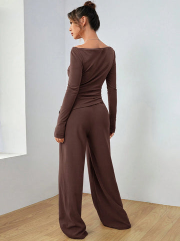 EZwear Knitted Women's Slim Fit Boat Neck Long Sleeve Top And Wide Leg Pants Set