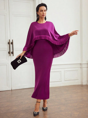MOTF PREMIUM WOVEN WOMEN'S FRINGE TRIM BATWING SLEEVE MERMAID HEM DRESS