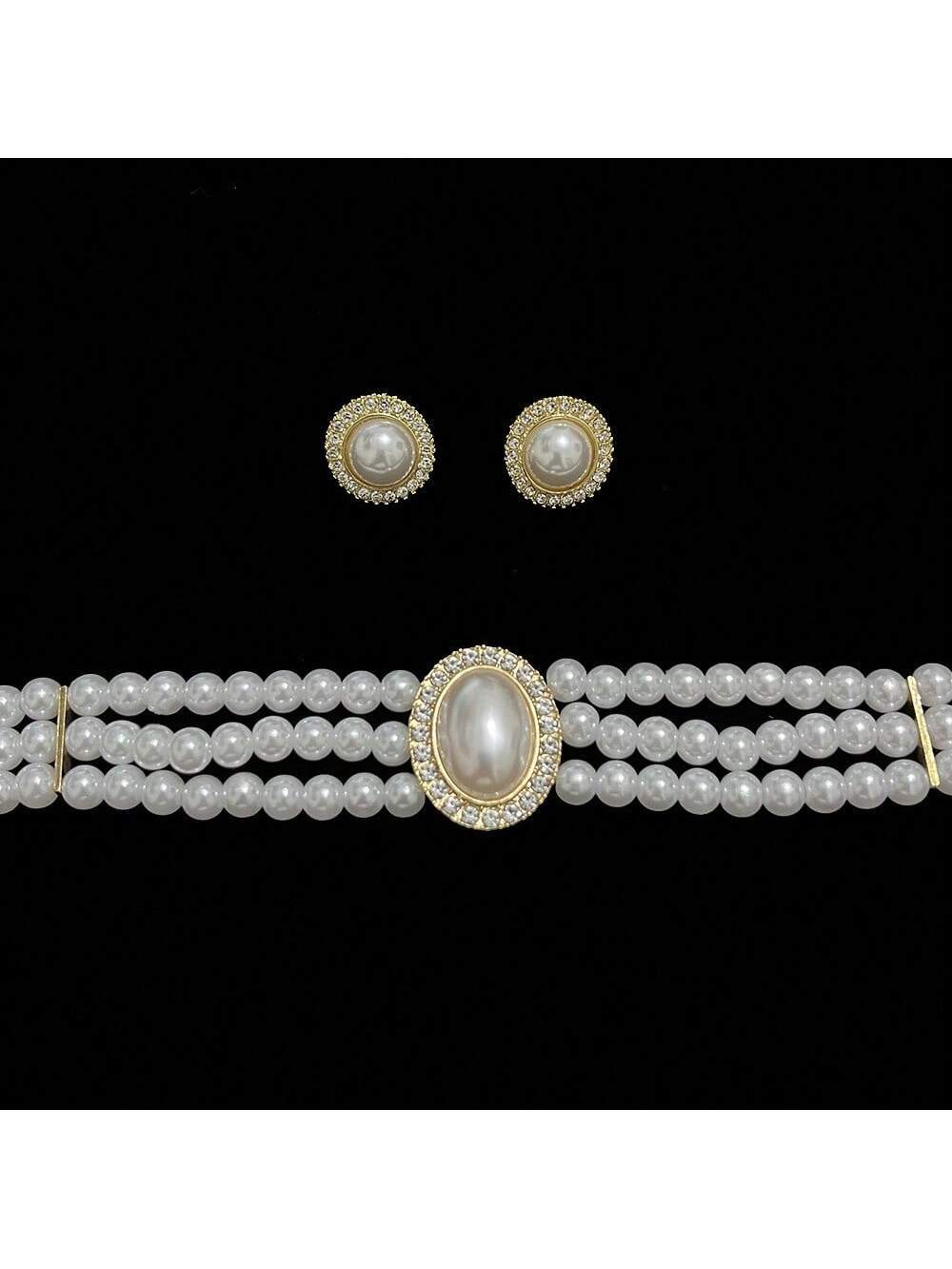 3pcs/Set Light Luxury, Concise, Vintage Oval Shape Rhinestone & Faux Pearl Bridal Necklace And Earring