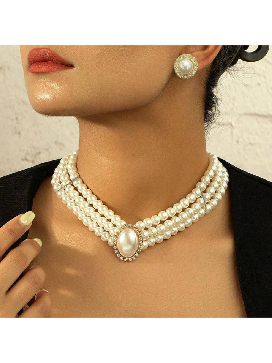 3pcs/Set Light Luxury, Concise, Vintage Oval Shape Rhinestone & Faux Pearl Bridal Necklace And Earring