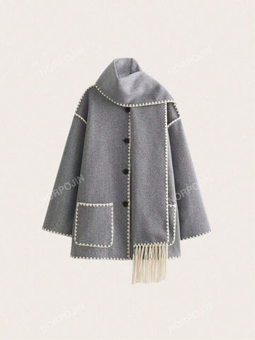 Woolen Coat Spliced With Scarf