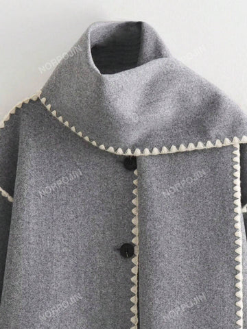 Woolen Coat Spliced With Scarf