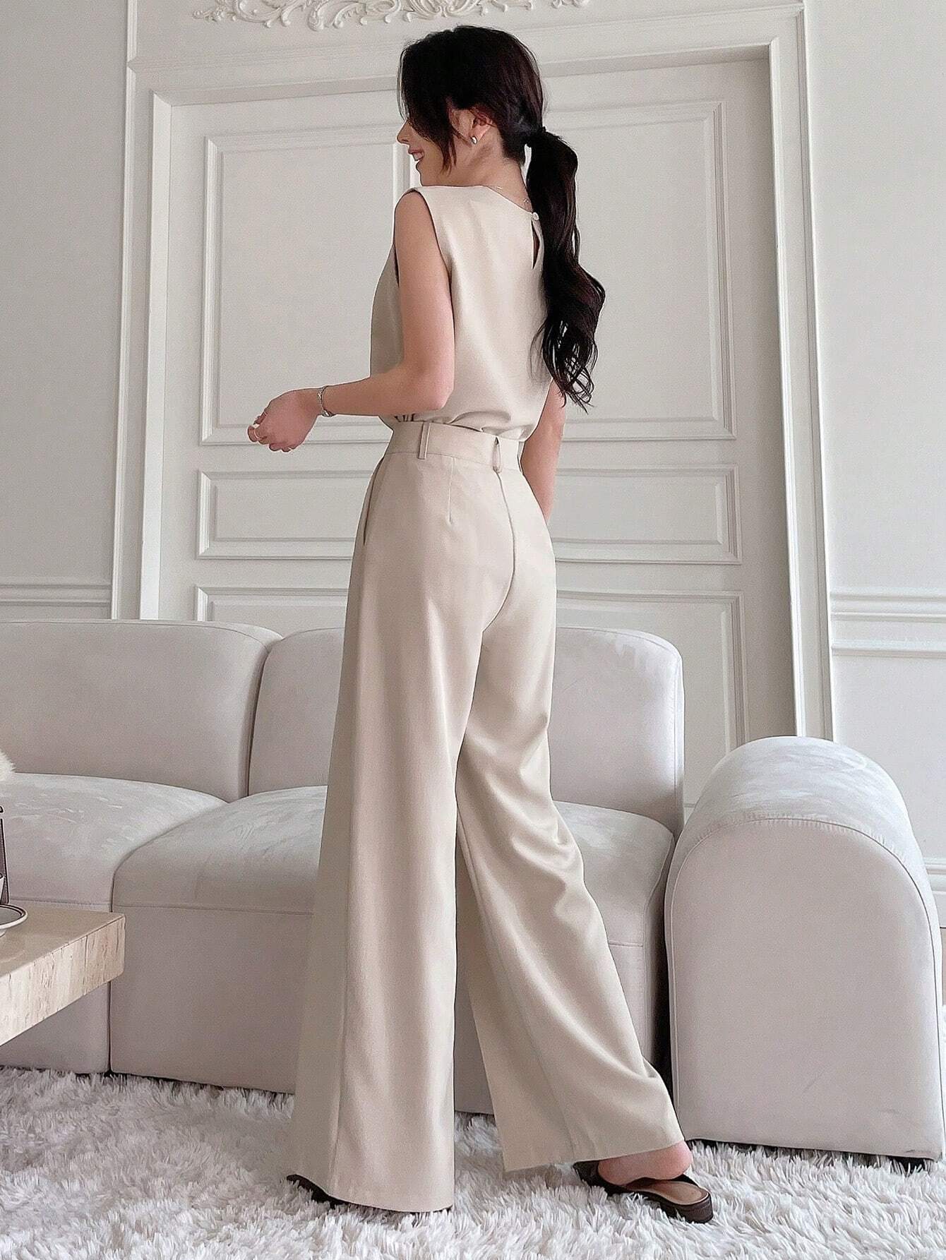 DAZY 2pcs Solid Color Round Neck Slit Sleeveless Top & Wide Leg Pants Set