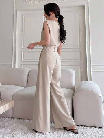 DAZY 2pcs Solid Color Round Neck Slit Sleeveless Top & Wide Leg Pants Set