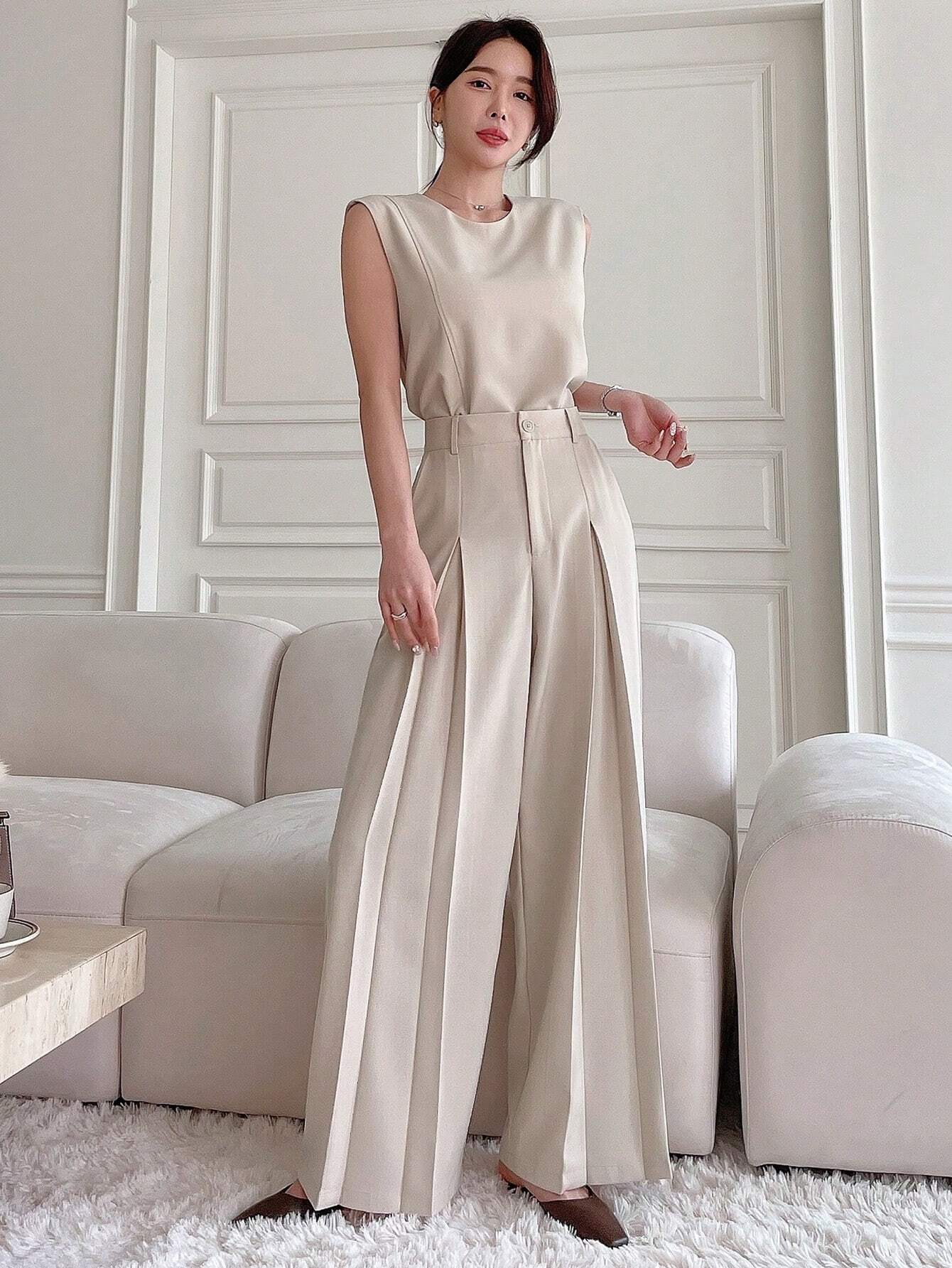 DAZY 2pcs Solid Color Round Neck Slit Sleeveless Top & Wide Leg Pants Set