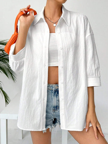 EZwear Linen Solid Drop Shoulder Button Front Beach Shirt