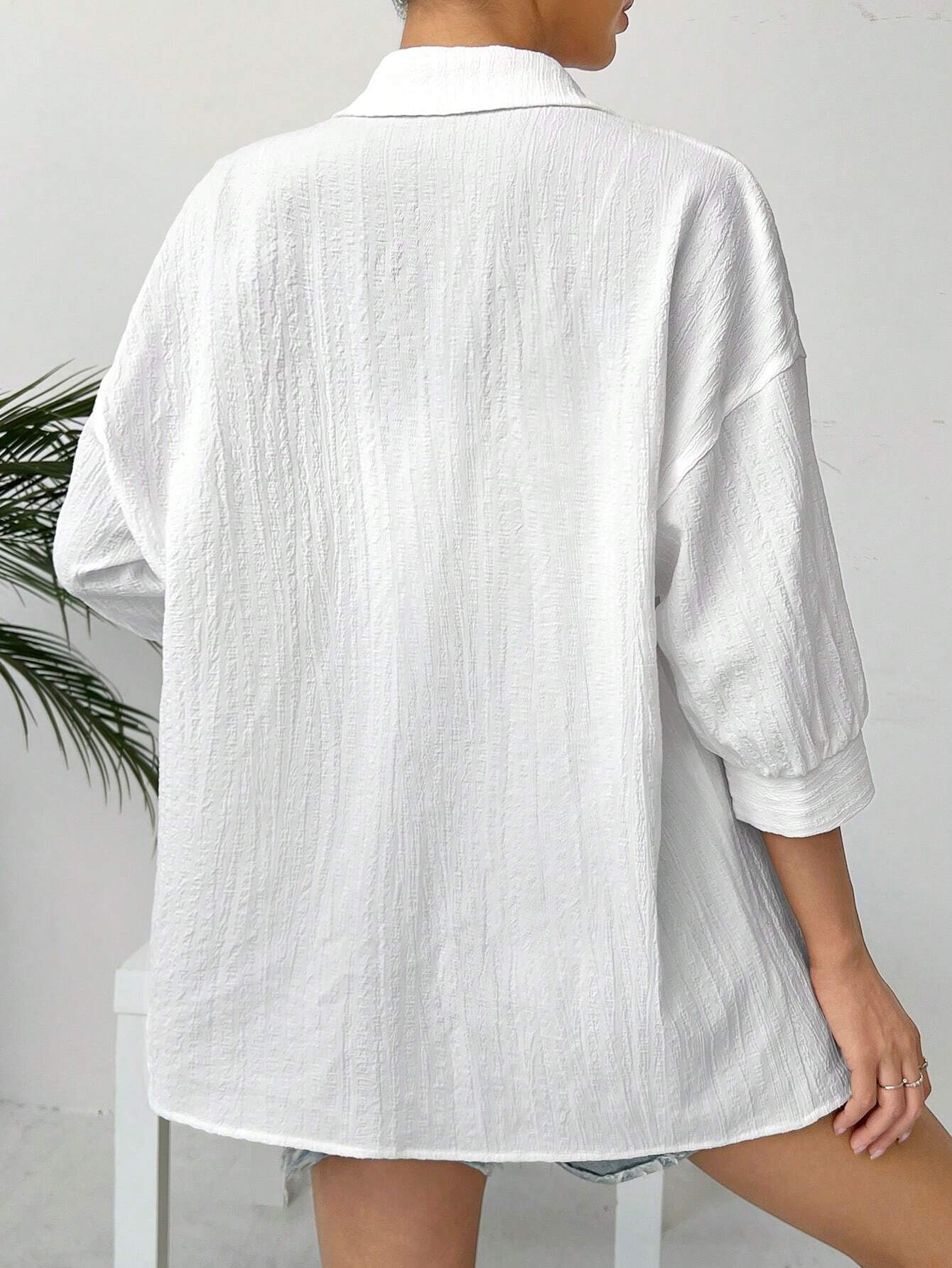 EZwear Linen Solid Drop Shoulder Button Front Beach Shirt