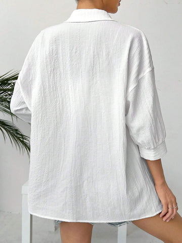 EZwear Linen Solid Drop Shoulder Button Front Beach Shirt