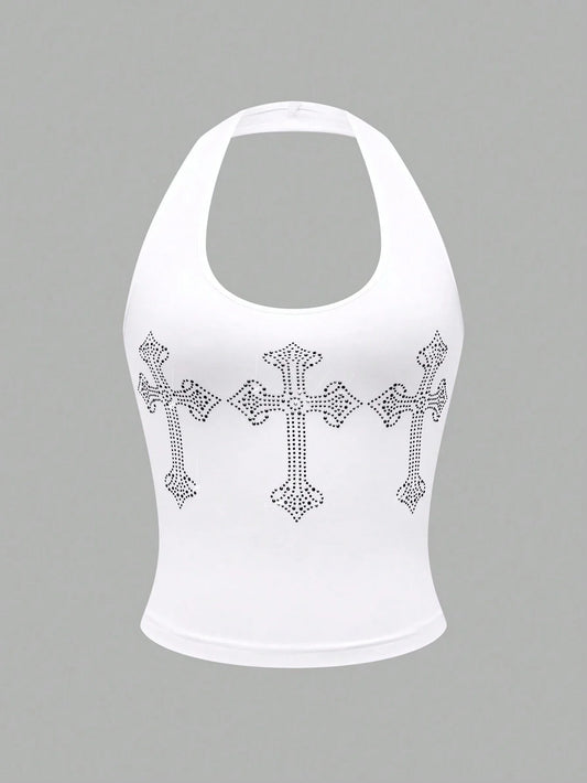 MOOSTA Women's Cross Rhinestone Detail Halter Neck Tank Top