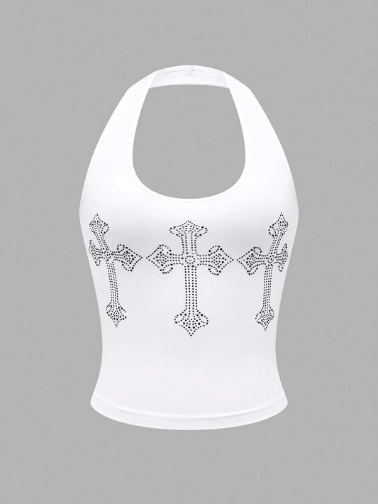 MOOSTA Women's Cross Rhinestone Detail Halter Neck Tank Top