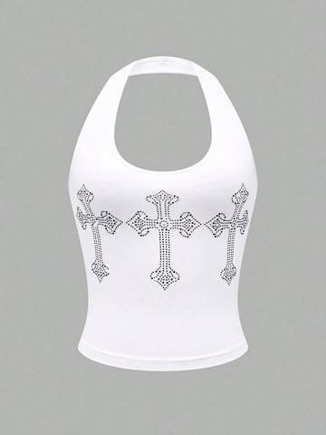 MOOSTA Women's Cross Rhinestone Detail Halter Neck Tank Top