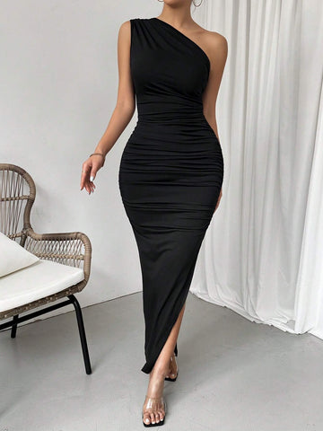Women Solid Color Slim One Shoulder Ruffle Evening Party Slit Dress