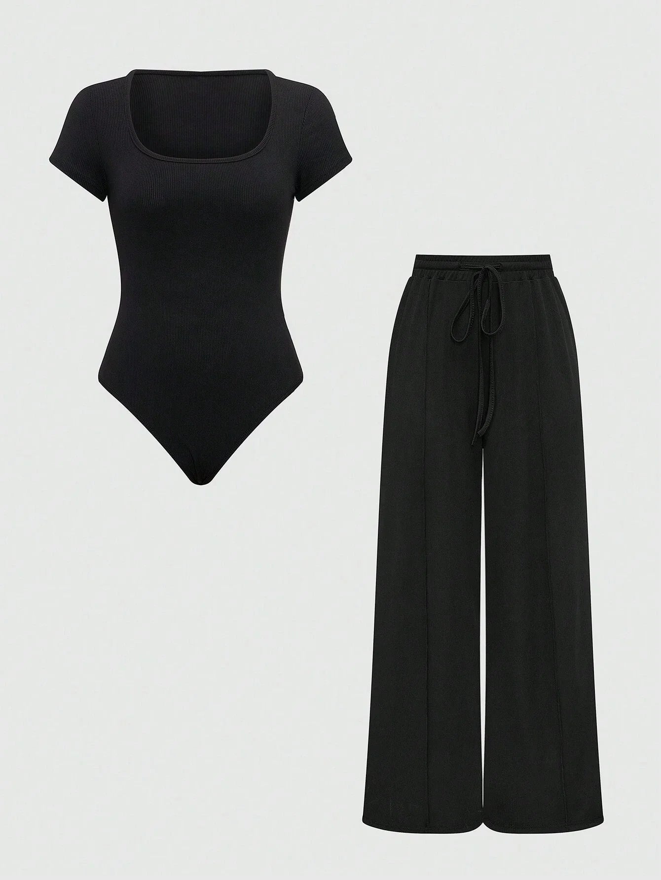 EZwear Plain Color Asymmetric Hem Top And Pants Two Piece Set