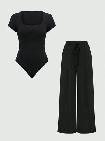 EZwear Plain Color Asymmetric Hem Top And Pants Two Piece Set