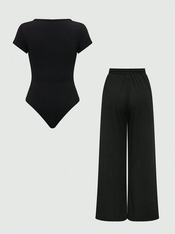 Essnce Solid Color Jumpsuit And Wide Leg Pants