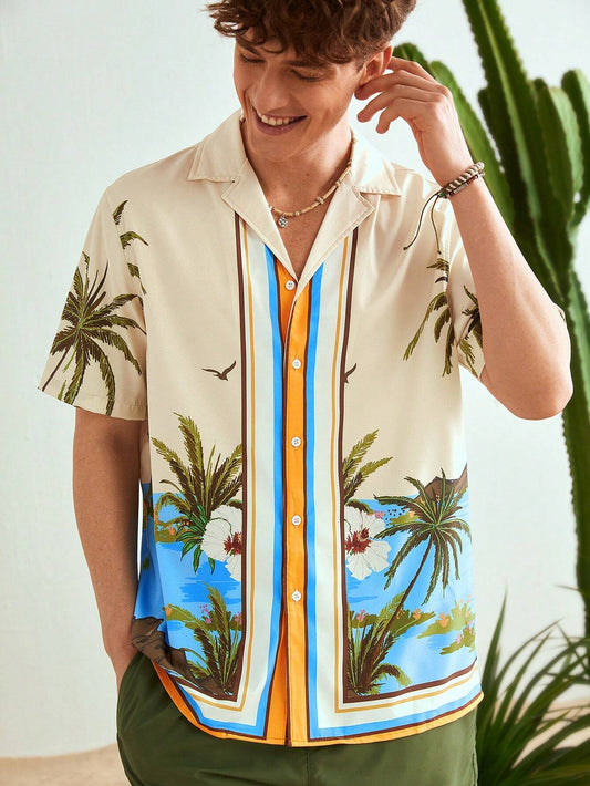 VCAY Loose Fit Men's Coconut Tree Jacquard Casual Short Sleeve Shirt