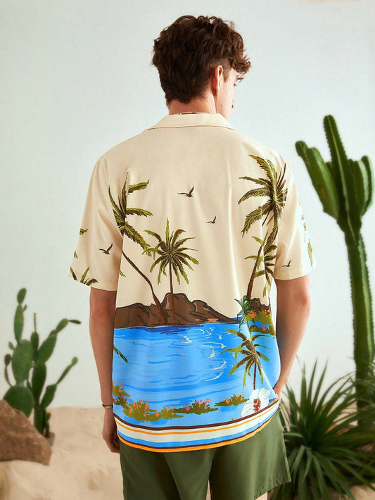 VCAY Loose Fit Men's Coconut Tree Jacquard Casual Short Sleeve Shirt