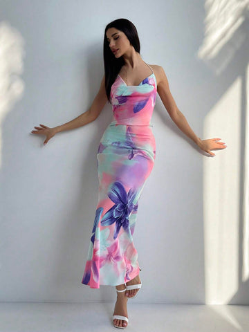 Aloruh Elegant Floral Printed Cowl Neck Backless Halter Neck Dress