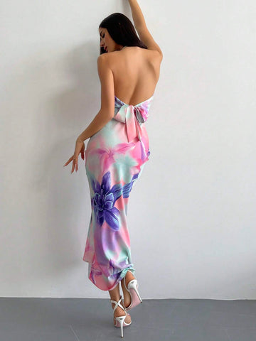 Aloruh Elegant Floral Printed Cowl Neck Backless Halter Neck Dress