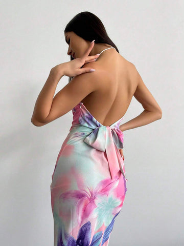 Aloruh Elegant Floral Printed Cowl Neck Backless Halter Neck Dress