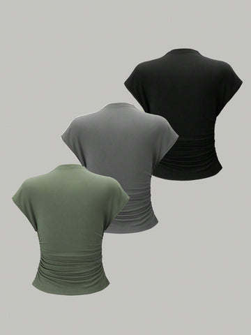 Essnce 3pcs Stand Collar & Pleated Design T-Shirt