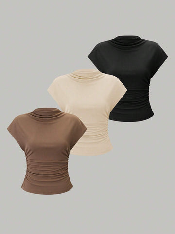 Essnce 3pcs Stand Collar & Pleated Design T-Shirt