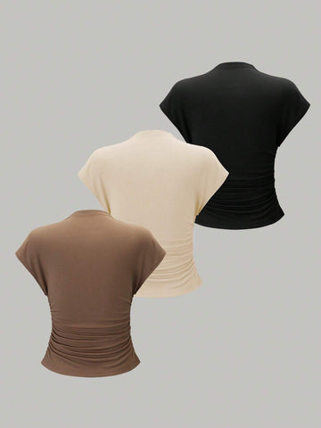 Essnce 3pcs Stand Collar & Pleated Design T-Shirt