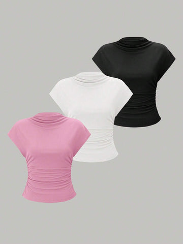 Essnce 3pcs Stand Collar & Pleated Design T-Shirt