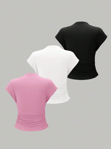 Essnce 3pcs Stand Collar & Pleated Design T-Shirt