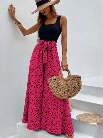 Breezaya Dalmatian Print Wide Leg Belted Jumpsuit