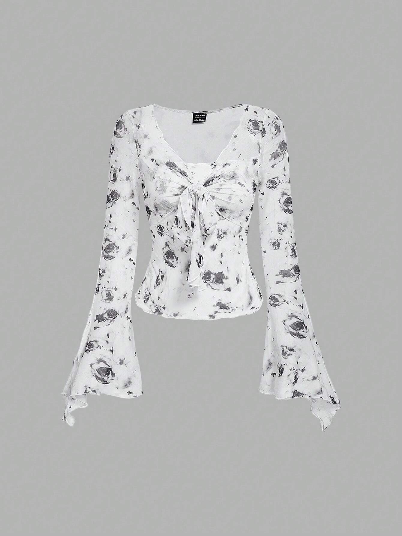 MOD Women's Floral Print Bell Sleeve Tie Front T-Shirt