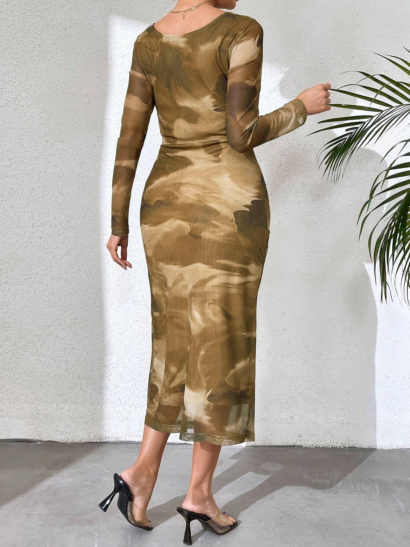 BAE Allover Print Ruched Mesh Dress