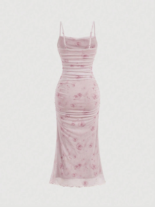 MOD Summer Pink Floral Print Ruched Mesh Cami Long Dress