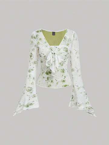 MOD Women's Floral Print Bell Sleeve Tie Front T-Shirt