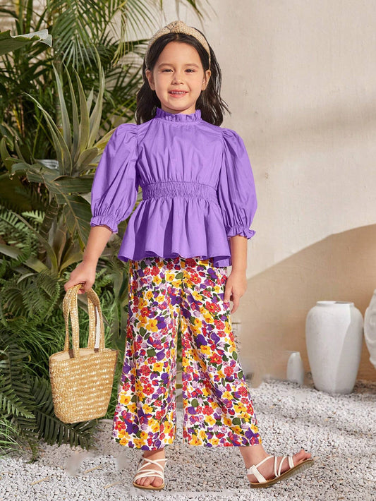 Toddler Girls' Leisure Fit Ruffled Blouse With Stand Collar And Puff Sleeves, Flower Print Wide Leg Pants