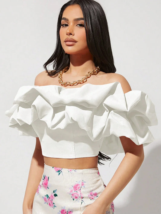 Haute Solid Color Off Shoulder Exaggerated Ruffle Hem Top