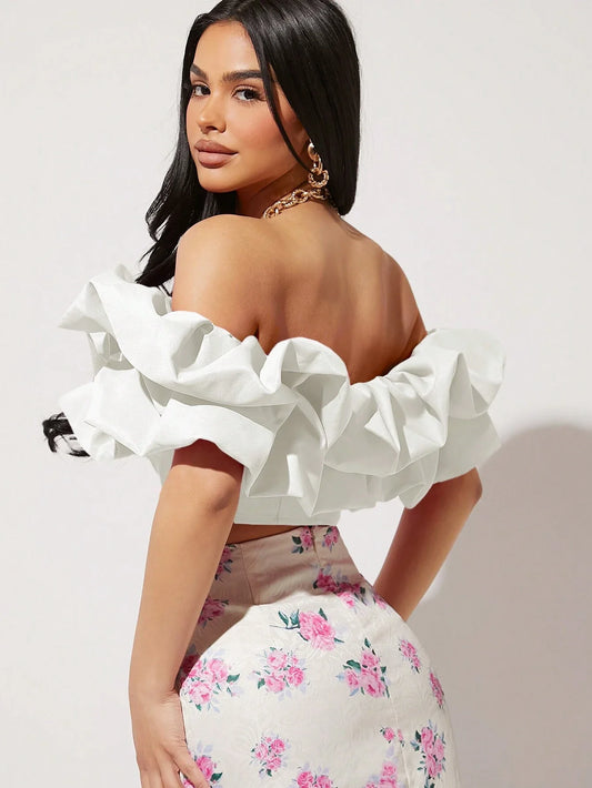 Haute Solid Color Off Shoulder Exaggerated Ruffle Hem Top