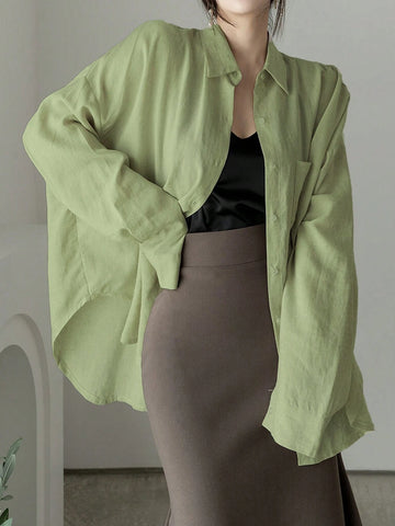 Women's Solid Color Single Breasted Asymmetrical Hem Super Loose Shirt