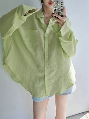 Women's Solid Color Single Breasted Asymmetrical Hem Super Loose Shirt