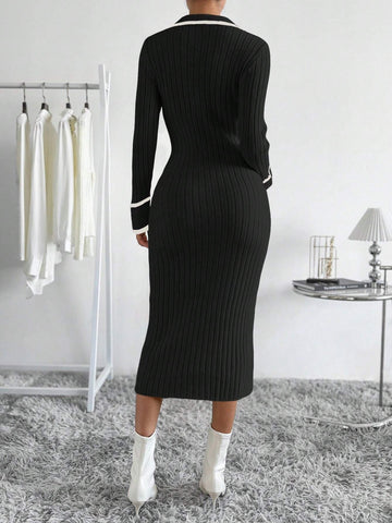 Raffinéa Striped Trim Button Front Sweater Dress