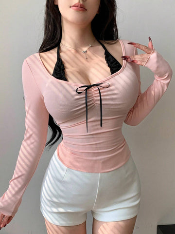 DAZY Women Slim-Fit Long-Sleeve Halter T-Shirt With Chest Ruched Bow Knot