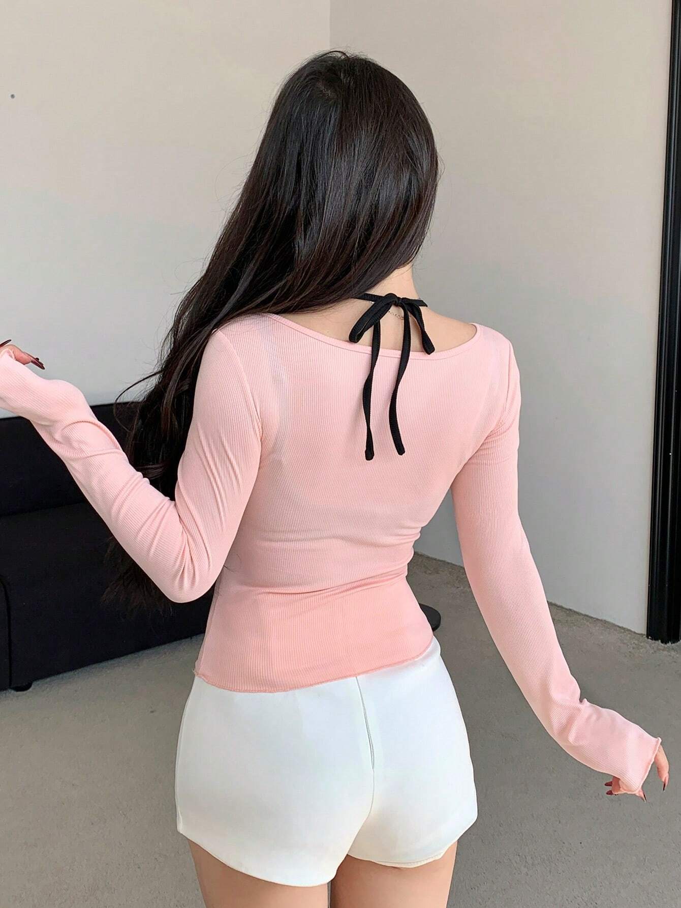 DAZY Women Slim-Fit Long-Sleeve Halter T-Shirt With Chest Ruched Bow Knot