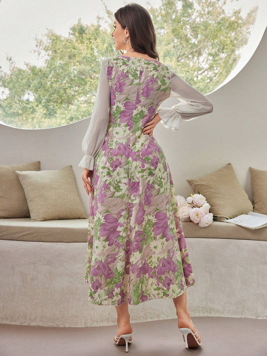 Mulvari Women's Floral Patchwork Ruffle Sleeve Sweetheart Neckline Dress