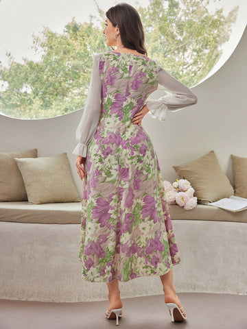 Mulvari Women's Floral Patchwork Ruffle Sleeve Sweetheart Neckline Dress