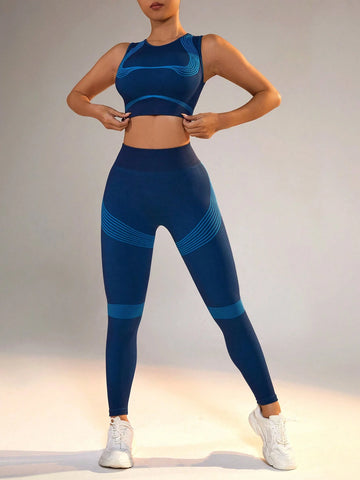 Yoga Basic Color Block Elastic And Breathable Vest And Leggings Sports Set