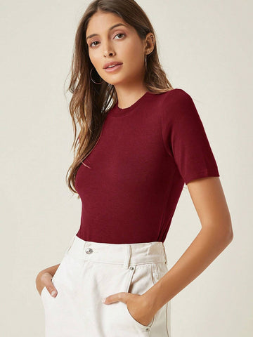 BASICS Mock Neck Rib-knit Tee