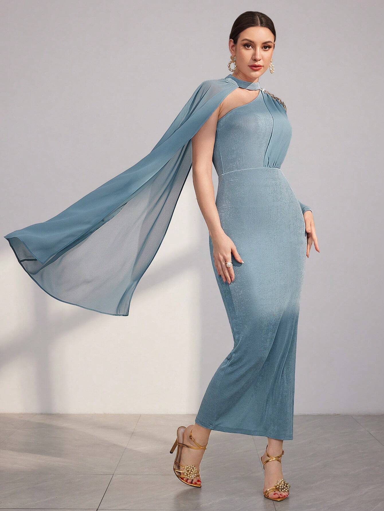 Modely Women's Bodycon Dress With Asymmetrical Neckline And Decorative Sequins