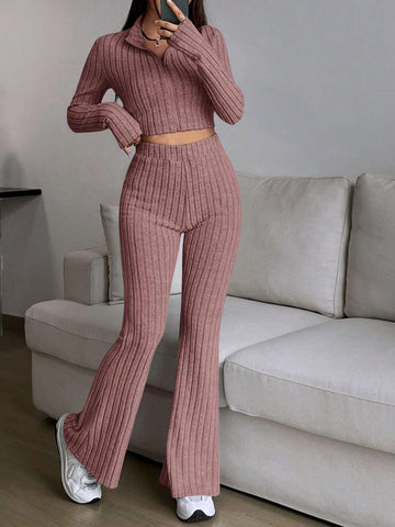 EZwear Spring ClothesWomen's Two Piece Set With Ribbed Long Sleeve Top And Flared Pants